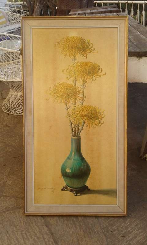 Rare Large Original 1960 Tretchikoff CHRYSANTHEMUMS Print Flowers In Oriental Vase Mid Century Frame