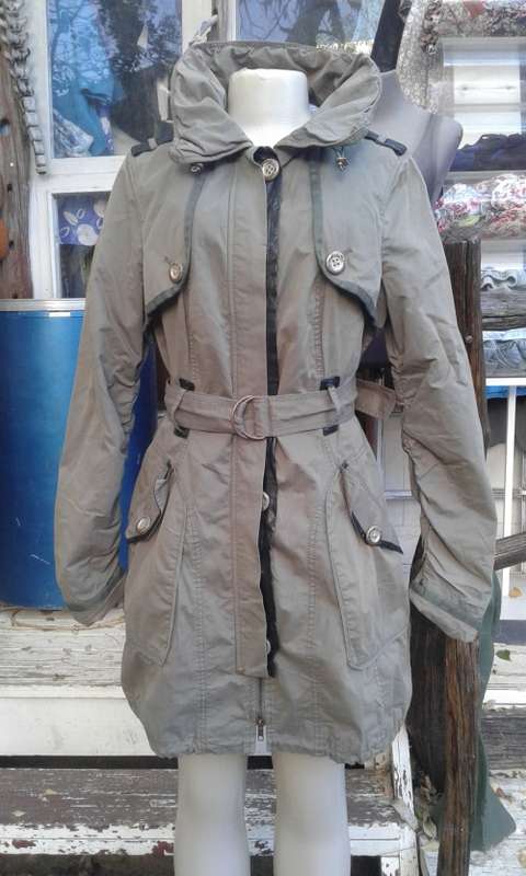 Gorgeous SPOOM Tan Designer Trench Coat Parka With Belt 100 % Cotton Size 10 to 12