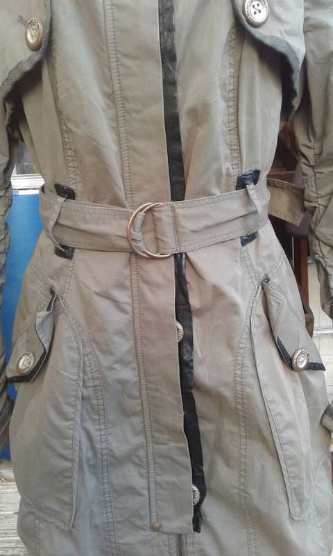 Gorgeous SPOOM Tan Designer Trench Coat Parka With Belt 100 % Cotton Size 10 to 12