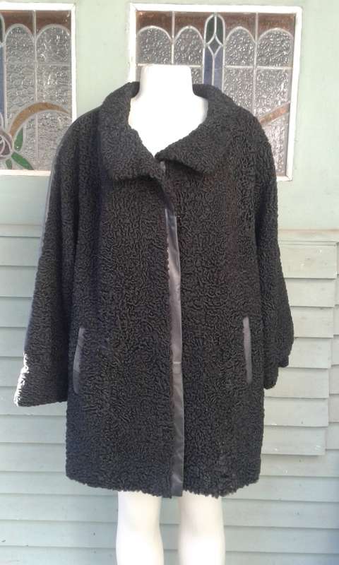 Vintage Black Genuine Karakul Persian Lamb Swakara Fur Jacket Coat Size 14