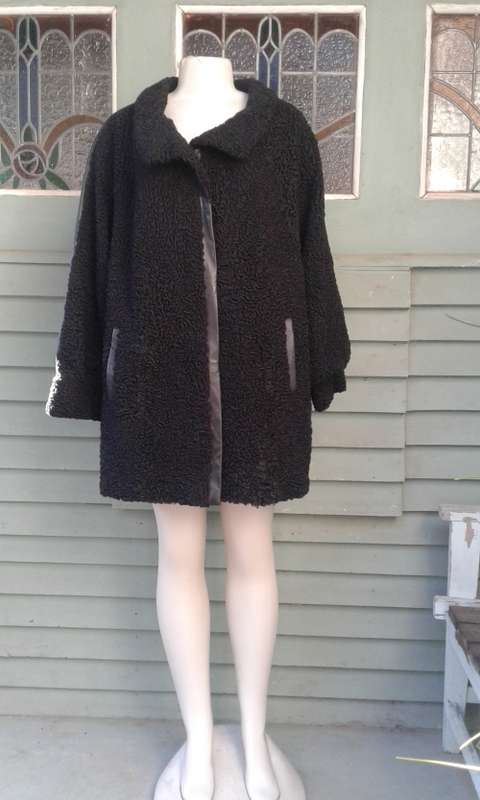 Vintage Black Genuine Karakul Persian Lamb Swakara Fur Jacket Coat Size 14