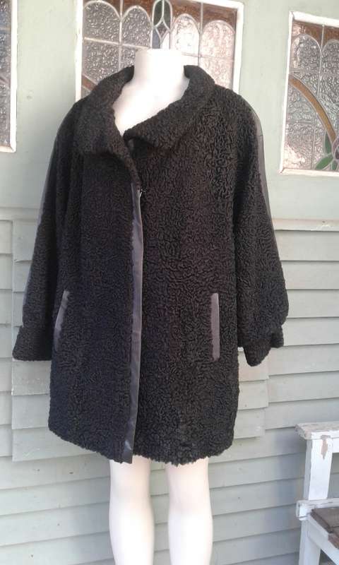 Vintage Black Genuine Karakul Persian Lamb Swakara Fur Jacket Coat Size 14