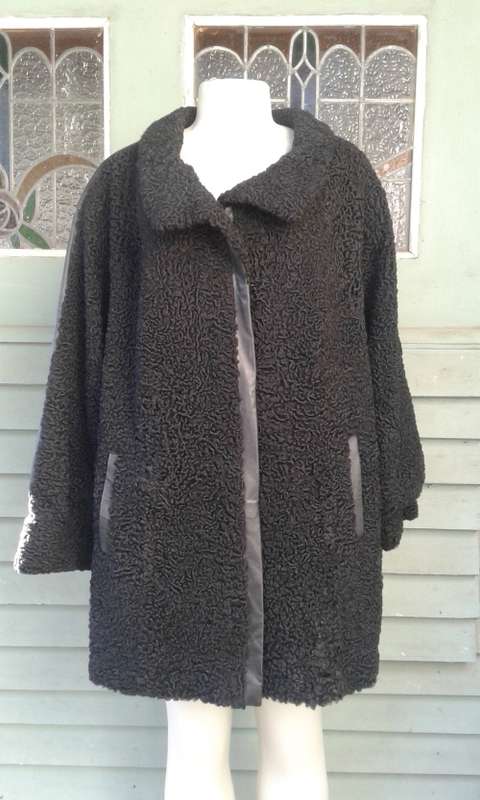 Vintage Black Genuine Karakul Persian Lamb Swakara Fur Jacket Coat Size 14