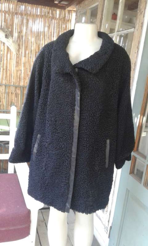 Vintage Black Genuine Karakul Persian Lamb Swakara Fur Jacket Coat Size 14