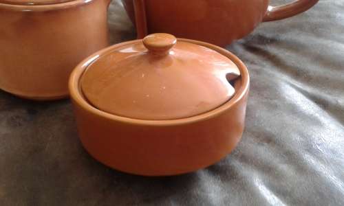 Mid Century Modern High Glazed Vitricotta Coffee Pot Tea Pot Sugar Bowl Canosa Pottery
