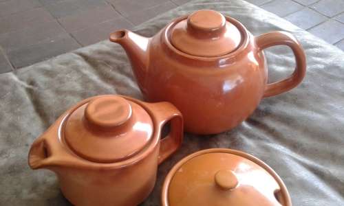 Mid Century Modern High Glazed Vitricotta Coffee Pot Tea Pot Sugar Bowl Canosa Pottery