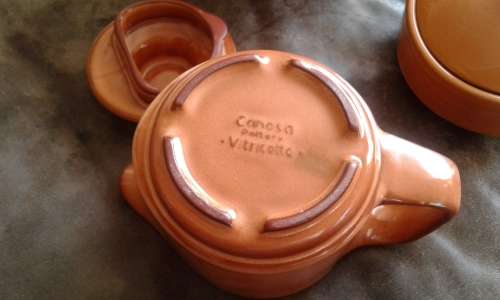 Mid Century Modern High Glazed Vitricotta Coffee Pot Tea Pot Sugar Bowl Canosa Pottery