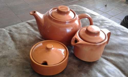 Mid Century Modern High Glazed Vitricotta Coffee Pot Tea Pot Sugar Bowl Canosa Pottery