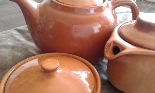 Mid Century Modern High Glazed Vitricotta Coffee Pot Tea Pot Sugar Bowl Canosa Pottery