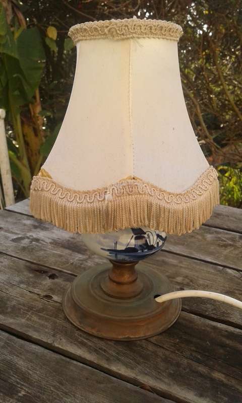 Vintage Dutch Delft Porcelain And Brass Lamp With Vintage Shade Working 28cm height
