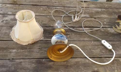 Vintage Dutch Delft Porcelain And Brass Lamp With Vintage Shade Working 28cm height