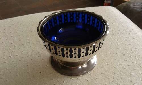 Vintage Silver Plated Yeoman Basket Cobalt Blue Glass Sugar Bowl