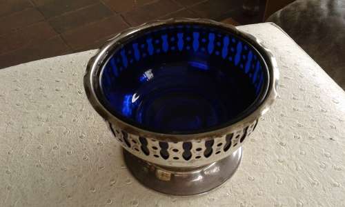 Vintage Silver Plated Yeoman Basket Cobalt Blue Glass Sugar Bowl