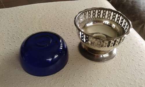 Vintage Silver Plated Yeoman Basket Cobalt Blue Glass Sugar Bowl