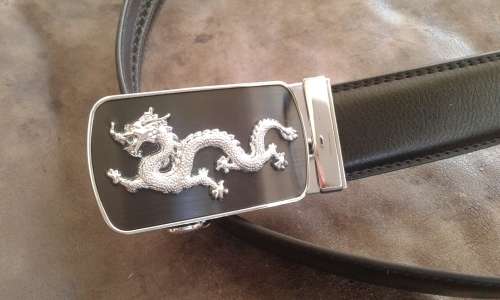 Adjustable Automatic Black Leather Belt With Black And Silver Dragon Buckle XL