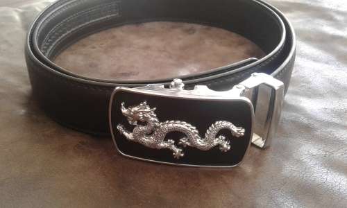 Adjustable Automatic Black Leather Belt With Black And Silver Dragon Buckle XL