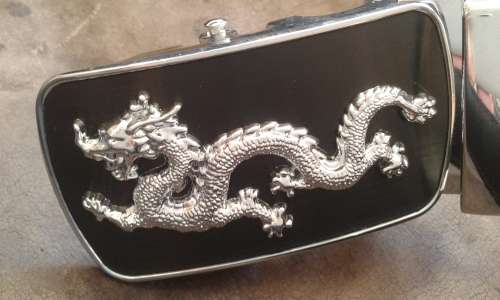 Adjustable Automatic Black Leather Belt With Black And Silver Dragon Buckle XL