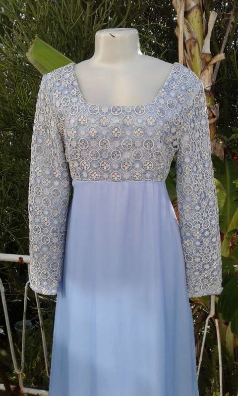 Vintage Classic Elegant 1960s Light Blue Silver Lace And Chiffon Evening Gown Size 14