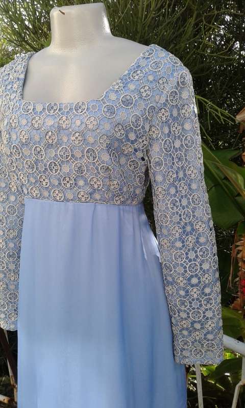 Vintage Classic Elegant 1960s Light Blue Silver Lace And Chiffon Evening Gown Size 14