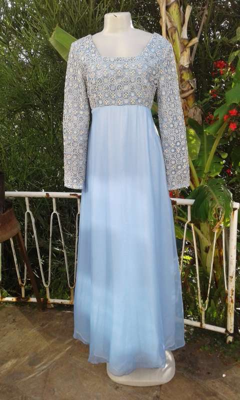 Vintage Classic Elegant 1960s Light Blue Silver Lace And Chiffon Evening Gown Size 14