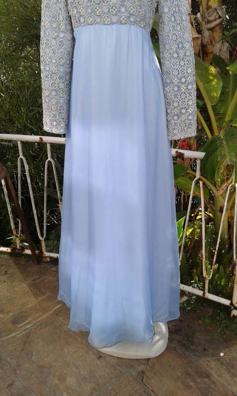 Vintage Classic Elegant 1960s Light Blue Silver Lace And Chiffon Evening Gown Size 14