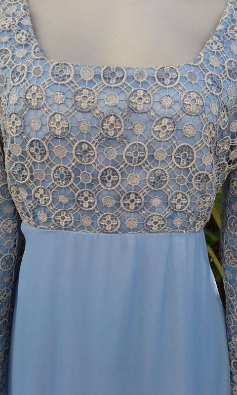 Vintage Classic Elegant 1960s Light Blue Silver Lace And Chiffon Evening Gown Size 14