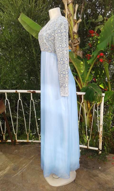 Vintage Classic Elegant 1960s Light Blue Silver Lace And Chiffon Evening Gown Size 14