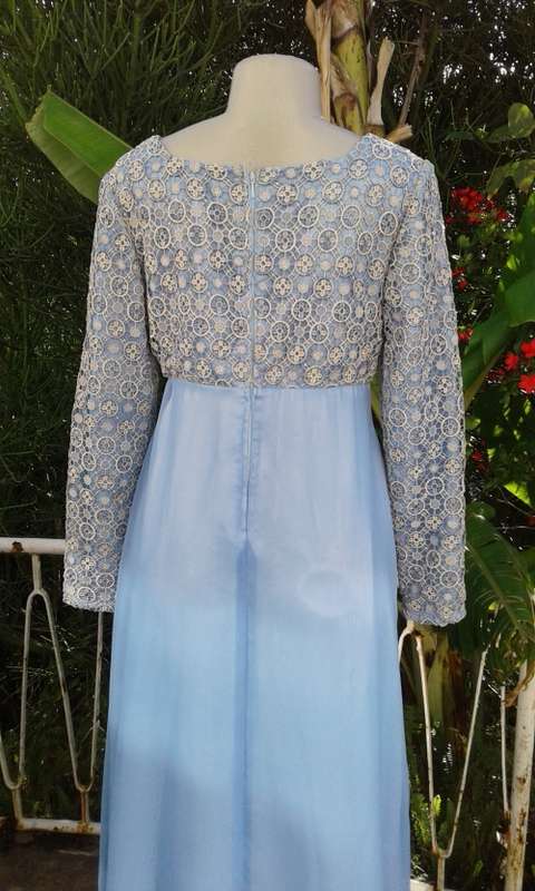 Vintage Classic Elegant 1960s Light Blue Silver Lace And Chiffon Evening Gown Size 14