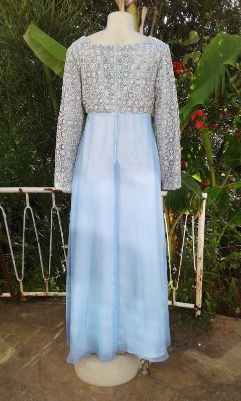 Vintage Classic Elegant 1960s Light Blue Silver Lace And Chiffon Evening Gown Size 14