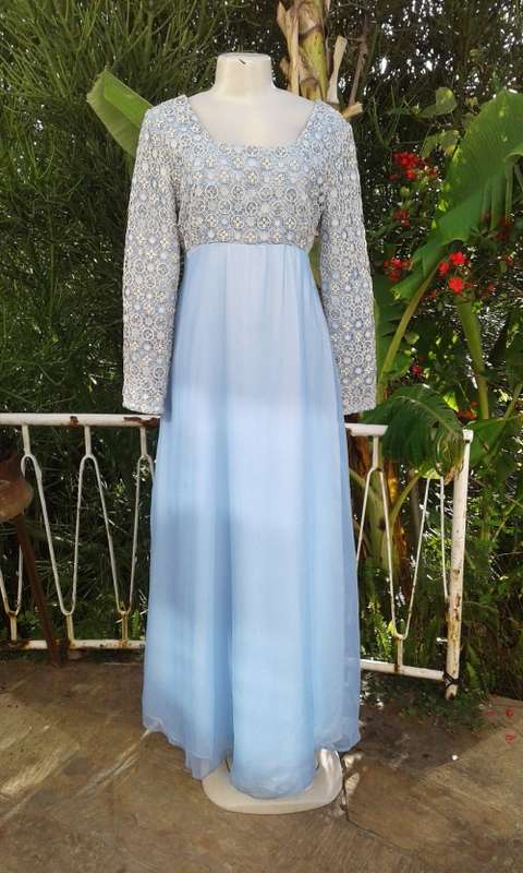 Vintage Classic Elegant 1960s Light Blue Silver Lace And Chiffon Evening Gown Size 14