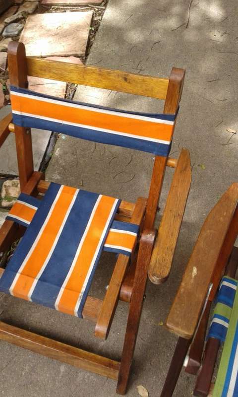 Set Of 2 Vintage Childrens Wooden Foldable Deck Canvas Chairs Mid Century Modern