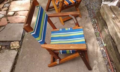 Set Of 2 Vintage Childrens Wooden Foldable Deck Canvas Chairs Mid Century Modern