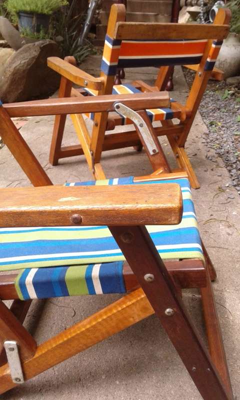 Set Of 2 Vintage Childrens Wooden Foldable Deck Canvas Chairs Mid Century Modern