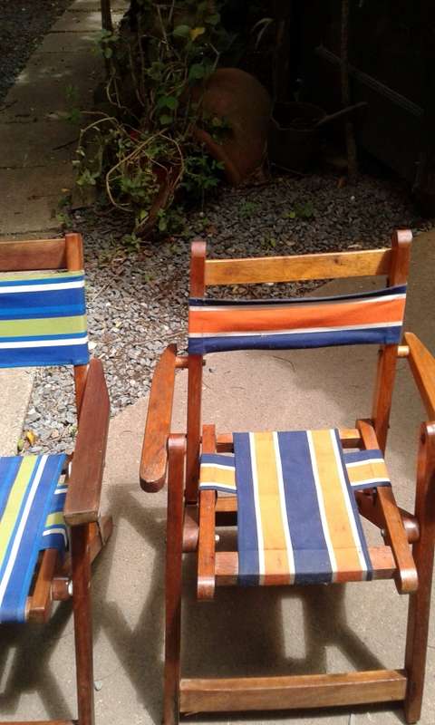 Set Of 2 Vintage Childrens Wooden Foldable Deck Canvas Chairs Mid Century Modern