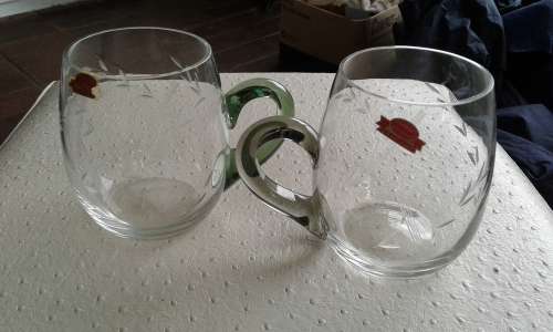2 Vintage Handcut Crystal Beer Glasses Tankards With Bottle Green Handles SA Cut Glass
