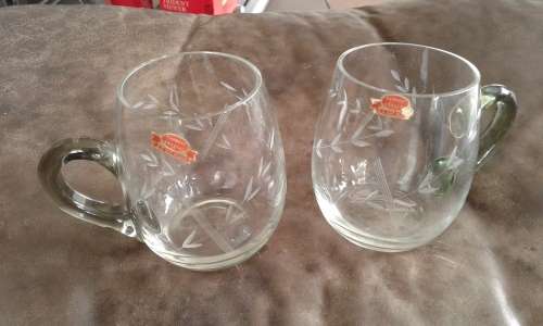 2 Vintage Handcut Crystal Beer Glasses Tankards With Bottle Green Handles SA Cut Glass