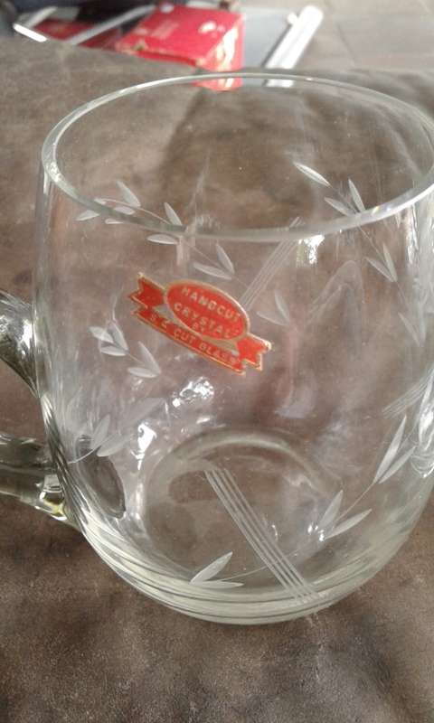 2 Vintage Handcut Crystal Beer Glasses Tankards With Bottle Green Handles SA Cut Glass