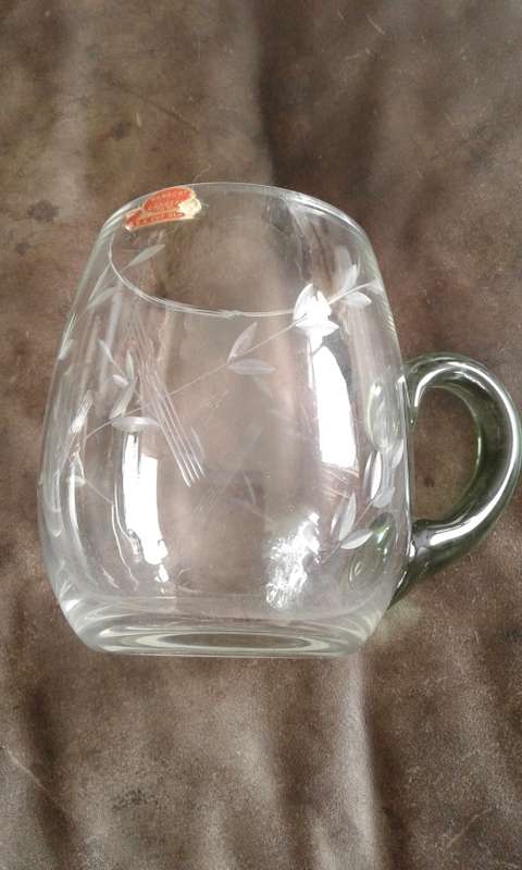 2 Vintage Handcut Crystal Beer Glasses Tankards With Bottle Green Handles SA Cut Glass
