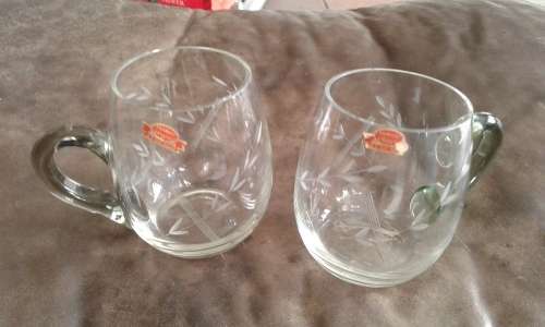 2 Vintage Handcut Crystal Beer Glasses Tankards With Bottle Green Handles SA Cut Glass
