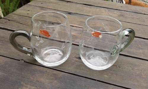 2 Vintage Handcut Crystal Beer Glasses Tankards With Bottle Green Handles SA Cut Glass
