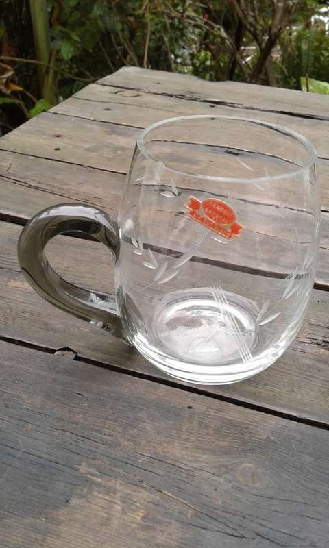 2 Vintage Handcut Crystal Beer Glasses Tankards With Bottle Green Handles SA Cut Glass