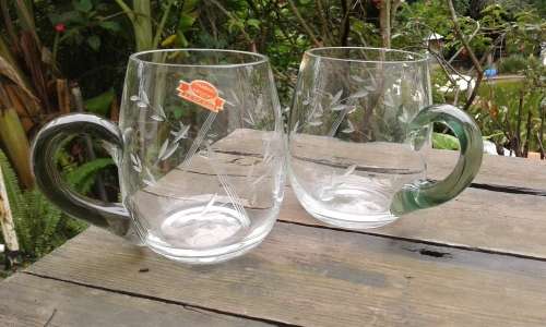 2 Vintage Handcut Crystal Beer Glasses Tankards With Bottle Green Handles SA Cut Glass