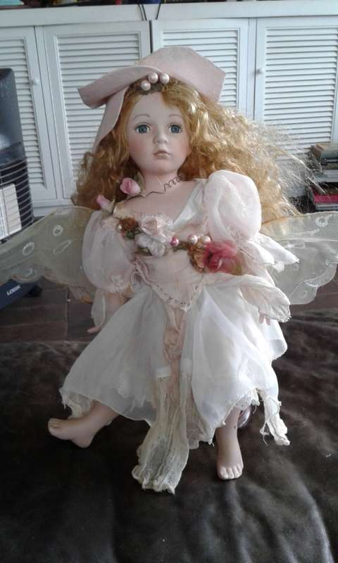 Vintage Large Beautiful Porcelain Fairy Doll With Wings And Stand 45cm