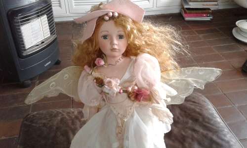 Vintage Large Beautiful Porcelain Fairy Doll With Wings And Stand 45cm
