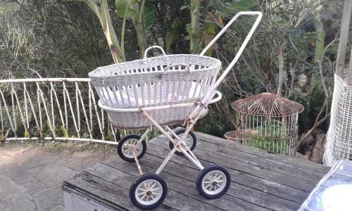 Vintage White Cane Wicker Doll`s Pram
