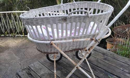 Vintage White Cane Wicker Doll`s Pram