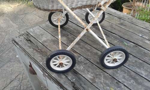 Vintage White Cane Wicker Doll`s Pram