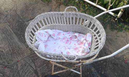 Vintage White Cane Wicker Doll`s Pram