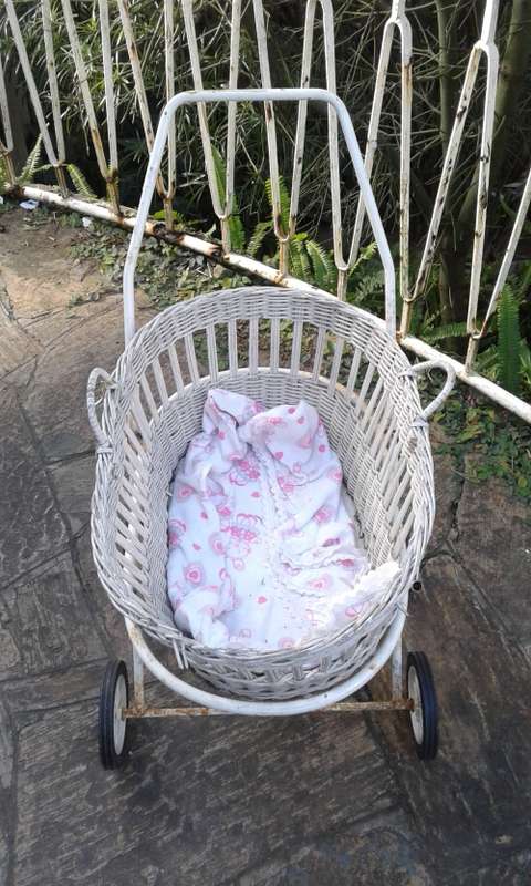 Vintage White Cane Wicker Doll`s Pram