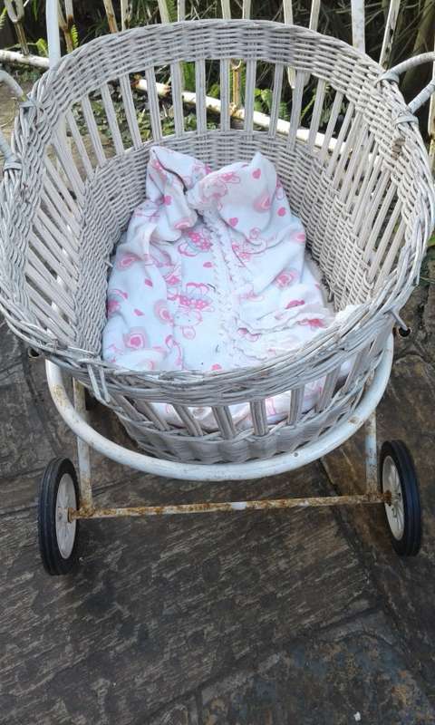 Vintage White Cane Wicker Doll`s Pram